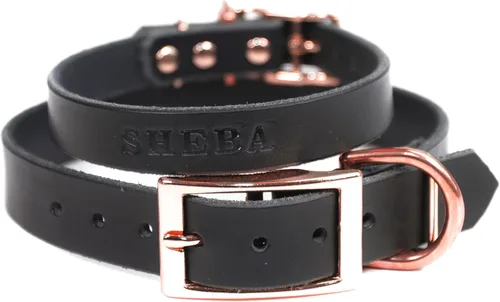 Collar de cuero personalizado hecho a mano para perro con bridón grabado con el nombre de la mascota, herrajes en tono cobre/oro rosa (negro)