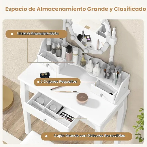 Vista 4 de CHARMAID Tocador de maquillaje con 10 luces LED, 4 cajones, estante de almacenamiento, perilla en forma de rosa, tocador de maquillaje