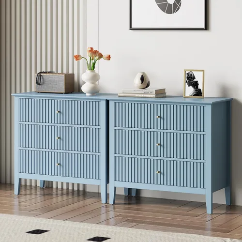 Vista 12 de RoyalCraft - Mesa auxiliar beige acanalada con 2 cajones, mesa auxiliar colorida para dormitorio, mesa auxiliar moderna de madera con almacenamiento