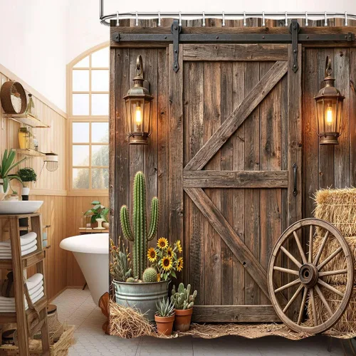 Vista 9 de Cortina de ducha de puerta de granero de madera rústica, 60 x 70 pulgadas, beige