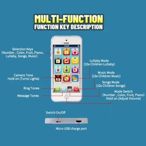 Vista 4 de Cooplay Juguete de Teléfono Inteligente de Aprendizaje con Música, Canción de Cuna, Pantalla Táctil, Tipo-C, Recargable, Teléfono Móvil Celular