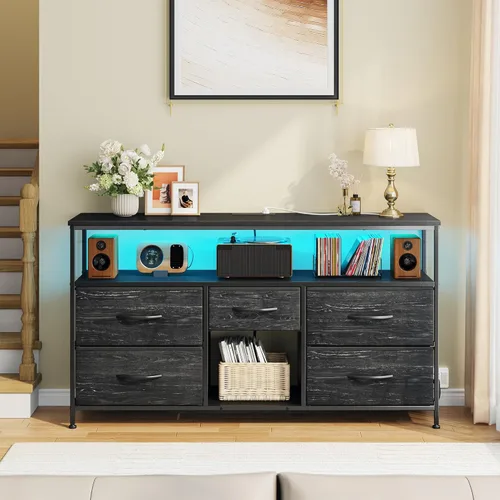 Vista 7 de EnHomee Soporte de TV con luces LED y tomas de corriente, centro de entretenimiento para TV de 50 pulgadas, soporte de TV con 5 cajones