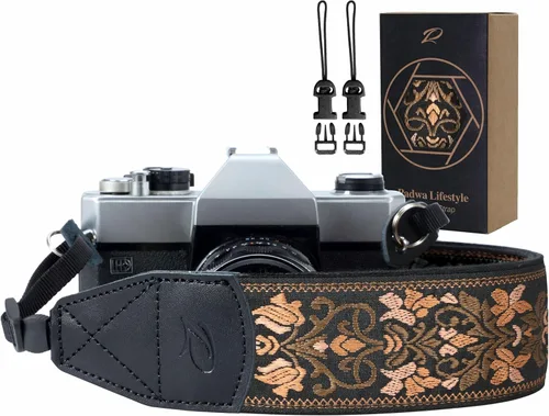 Correa para cámara Padwa Lifestyle - Correas de cámara de 2 pulgadas de ancho con bordado de jacquard vintage y flores bordadas con cabeza de cuero