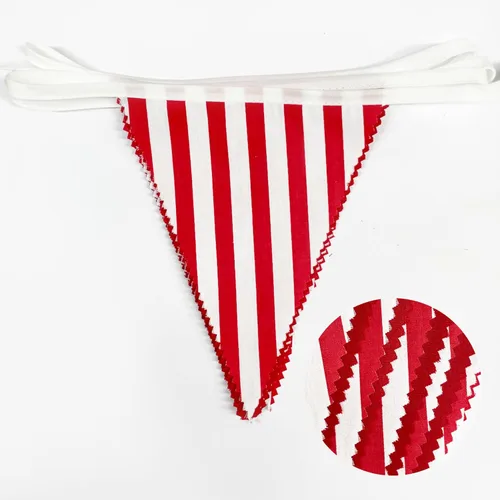 Vista 2 de Banderín a rayas rojas y blancas de 32 pies, banderines de tela triangular, guirnalda de banderines para carnaval, circo, niños, cumpleaños, boda
