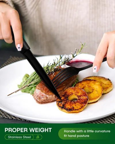 Vista 3 de PHILIPALA Juego de cubiertos negros de 24 piezas con cuchillos de carne, juego de cubiertos de acero inoxidable de grado alimenticio para 4, juego