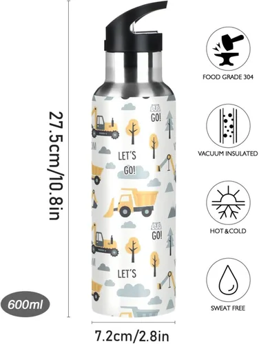 Vista 9 de Construction Vehicles Insulated Water Bottle 20 Oz Leakproof Water Bottles, BPA-Free Sport Water Bottle