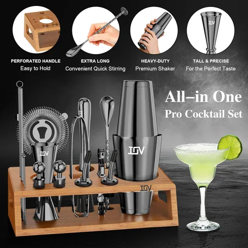 Vista 4 de IOV Mixology Bartender Kit de bar con soporte, juego de coctelera de 17 piezas, juego de mezclador de bebidas Boston Shaker de 28 onzas con todas