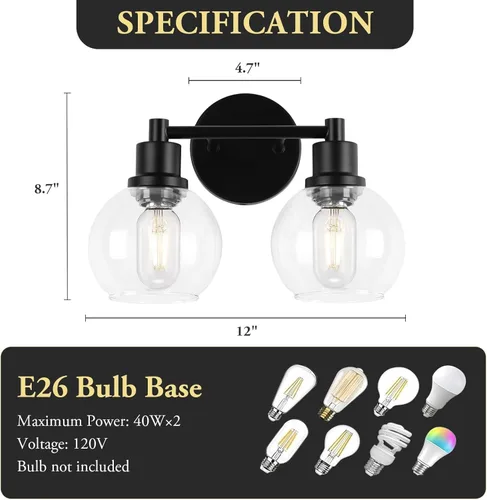 Vista 2 de Lámpara de tocador de baño, 2 luces, lámparas de baño negras con pantalla de vidrio transparente de globo transparente, aplique de pared negro mate