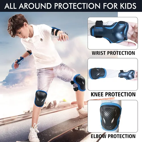 Vista 2 de Rodilleras para niños, rodilleras y coderas 6 en 1, juego de equipo de protección con protector de muñeca para niños y niñas, patinaje en línea