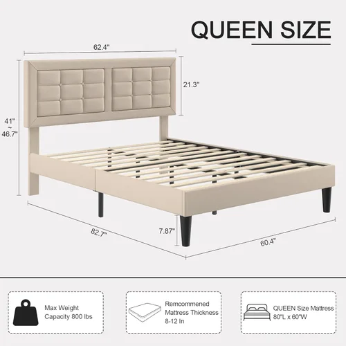 Vista 17 de VECELO Full Size Bed Frame with Storage Drawers, Upholstered Platform Bedframe with Wingback Headboard, No Box Spring Needed, Light Grey