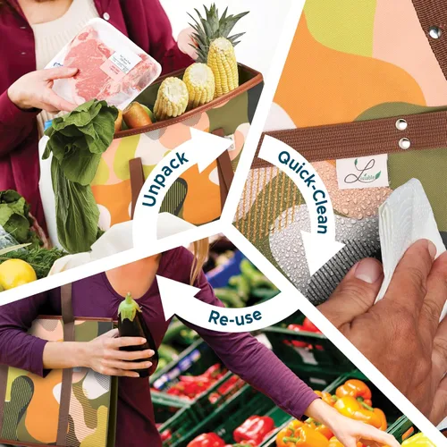 Vista 5 de Bolsas reutilizables para compras de comestibles, grandes, bolsas plegables resistentes para carritos, asas largas, parte inferior reforzada