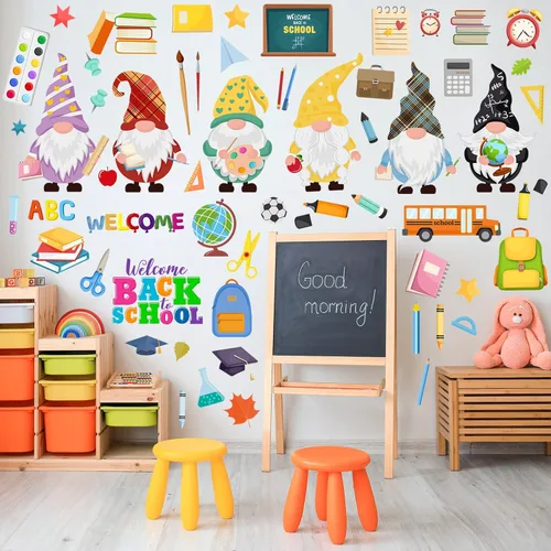 Vista 4 de 74 piezas de calcomanías adhesivas para pared de regreso a la escuela, calcomanías de acuarela, decoraciones de gnomo, búho, autobús, calcomanías