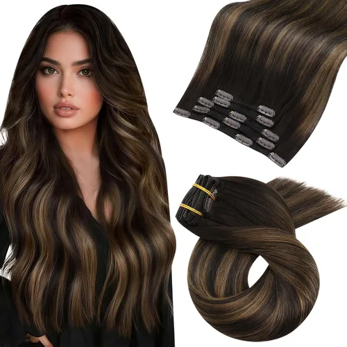 Vista 91 de Moresoo Extensiones de cabello humano con clip, balayage, color marrón oscuro a marrón dorado con clip, extensiones de cabello humano con clip, 5