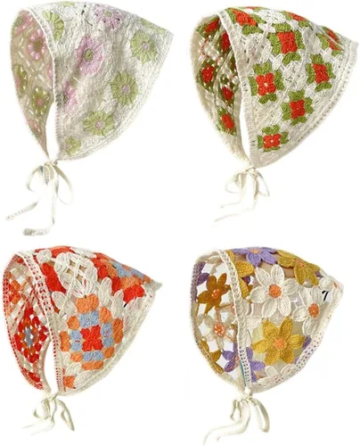 OANEXX 2/3/4 unidades de pañuelo de ganchillo para el cabello, pañuelo para la cabeza, lindo pañuelo de cabeza hueca de punto con hongos fresa Floral