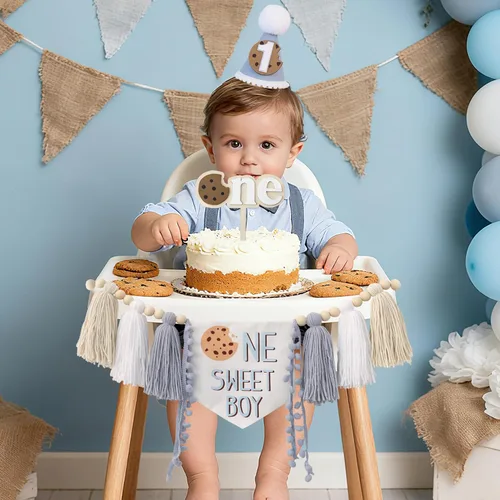 Vista 7 de DCJHFJ Cartel para silla alta con temática de galletas One Sweet Boy para decoración de fiesta de primer cumpleaños con sombrero de cumpleaños