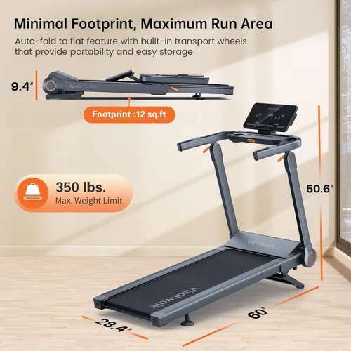 Vista 7 de Vitalwalk Foldable Treadmill with Auto Incline, Commercial Wide Running Belt, 10MPH, 3.5HP Brushless, Walking Pad Treadmill for Home, Auto Folding