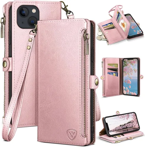 Vista 13 de XcaseBar Funda tipo cartera compatible con iPhone 13 de 6.1 pulgadas con cremallera y tarjetero de crédito con bloqueo RFID, funda de piel sintética