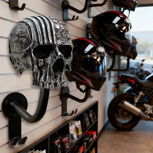 Vista 4 de Soporte para casco, soporte para casco de calavera, soporte de pared para casco con 2 ganchos, colgador de casco para abrigos, gorras, béisbol
