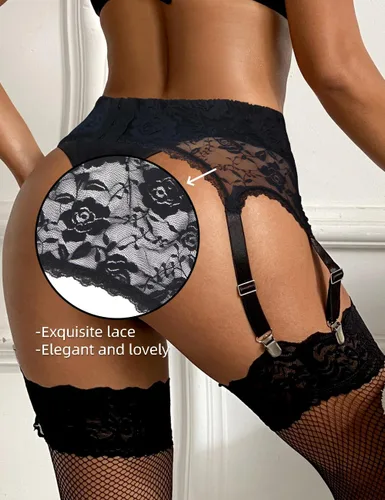 Vista 3 de comeondear Women Lace Garter Belt for Thigh Highs Plus Size Suspender Belt Set Mesh Garter Belts with 6 Metal Clips