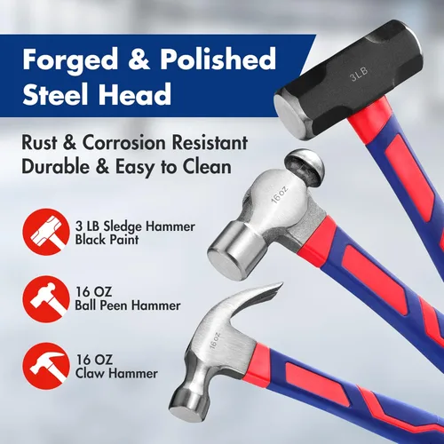 Vista 3 de WORKPRO Juego de 5 piezas de cabeza de acero forjado/pulido, mango de fibra de vidrio - Mazo de goma de 32oz Martillos de garra y de bola de 16oz