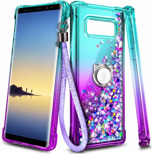 Vista 6 de NZND Funda para Samsung Galaxy Note 8 con soporte de anillo/correa de muñeca, líquido que fluye con purpurina brillante, para mujeres y niñas Agua