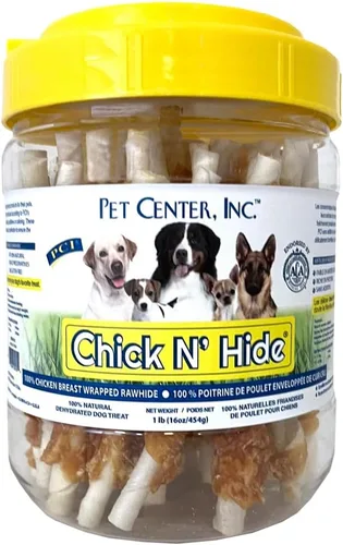 PCI Pet Center Inc Chick N' Hide - Contenedor de 1 libra de palitos de cuero crudo envueltos en pollo