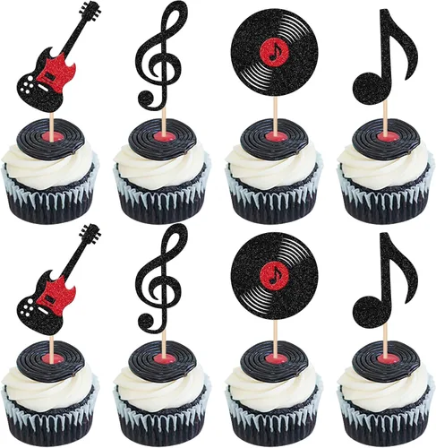 24 piezas de notas musicales para cupcakes con purpurina para guitarra, rock, cupcakes, decoración de tartas de discos de vinilo para decoración de