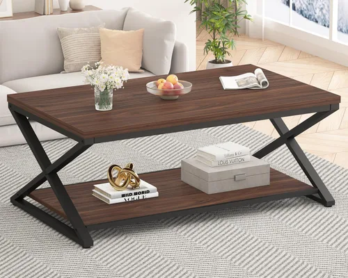 Vista 14 de HSH Mesa de sala de estar de madera de metal minimalista moderna negra con estante de almacenamiento, mesa central rectangular de 39 pulgadas y 2