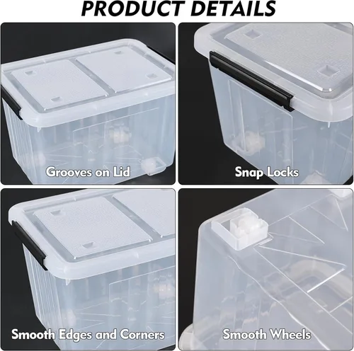 Vista 3 de Paquete de 4 contenedores con cierre de 30 litros con tapas y ruedas, cajas de almacenamiento de plástico grandes, contenedores apilables
