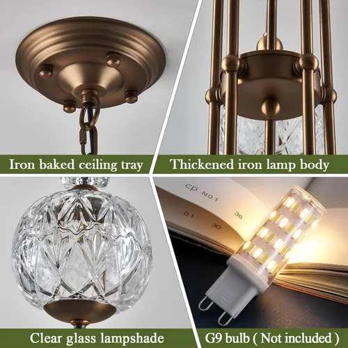 Vista 3 de Vintage Glass Globe Shade Chandelier 5 Lights Rustic Adjustable Hanging Ceiling Light Fixture Farmhouse Pendant Lighting for Dinning Room Living