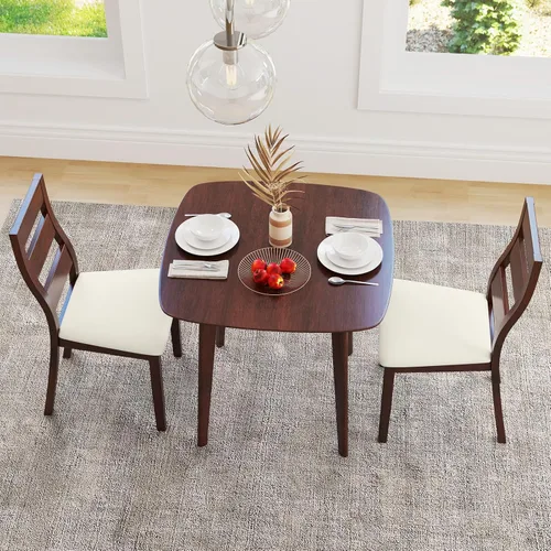 Vista 6 de Giantex Juego de mesa de comedor de 3 piezas para 2, mesa de cocina cuadrada de madera y 2 sillas con asiento acolchado, respaldo de escalera, juego