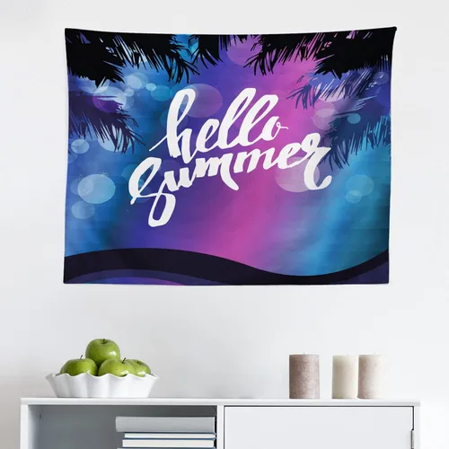 Ambesonne Hello Summer Tapestry, Vivid Colors of the Night with Palm Tree Silhouettes and Ocean Waves Retro, Fabric Wall Hanging Decor for Bedroom