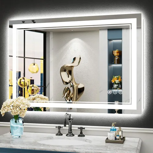 Vista 13 de Espejo de baño LED de 48 x 30 pulgadas con luces, retroiluminado + frontal iluminado, espejo de tocador con luz antiniebla para pared de baño con 3