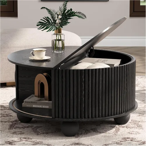 Vista 13 de Mesa auxiliar ovalada con almacenamiento, mesa de centro acanalada de 42.5 pulgadas con parte superior de elevación y patas de madera maciza, mesa
