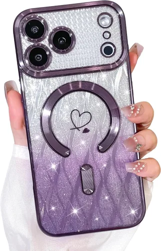 Vista 9 de Bonoma Funda con Purpurina Magnética para iPhone 16 Pro Max [Compatible con MagSafe], Funda Transparente Brillante de Lujo con Patrón de Corazones