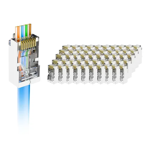 Vista 9 de VCE Conectores RJ45 Cat6 Blindados de Paso Paquete de 25, Conector Final RJ45 8P8C Cat 6/Cat 5e de 3 Puntas Enchufe Modular Ethernet Chapado en Oro