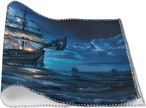 Vista 3 de Blue Boat On Seascape and Moon in The Sky Placemats Set of 6 Resistant Table Mats Washable Place Mats for Dinner Party Table Decoration