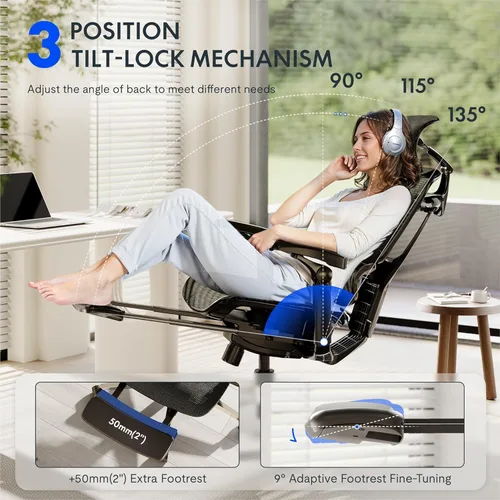 Vista 9 de FLEXISPOT Silla ergonómica de oficina ErgoX-PRO con reposapiés negro – Asiento de malla AeroWeave 5.0, lumbar 5D, reposabrazos 7D, reposacabezas 4D