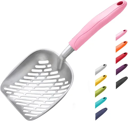 Vista 14 de WePet Cuchara de arena para gatos, tamiz de aleación de aluminio, pala de metal para gatitos, pala profunda con orificio diagonal, mango largo