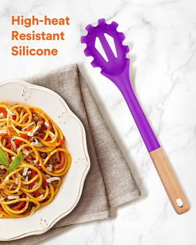 Vista 3 de Tenedor de silicona para pasta, servidor de cuchara de fideos resistente al calor, colador de espaguetis sin BPA, 12.8 pulgadas (BERRY)