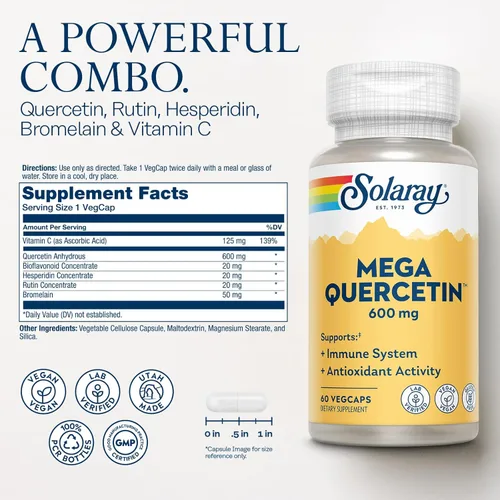 Vista 2 de SOLARAY Mega Quercetina con bromelina, vitamina C y bioflavonoides - Suplemento antioxidante e inmunológico, apoyo para la salud del hogar