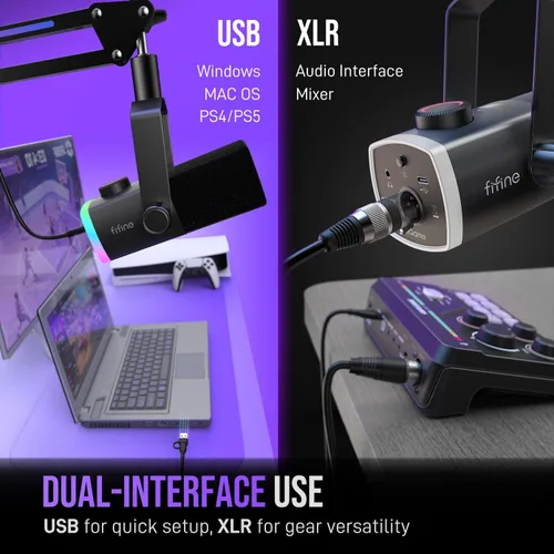 Vista 3 de Kit de micrófono de juego FIFINE, micrófono dinámico XLR/USB para PC con brazo articulado para grabación de podcast, juego de micrófono RGB