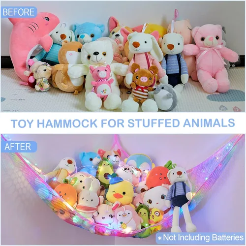 Vista 7 de Basumee Red de animales de peluche o hamaca con luz LED, hamaca de red de juguetes para almacenamiento de animales de peluche, hamacas