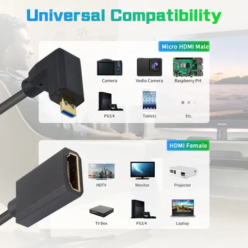 Vista 4 de Duttek Cable de extensión HDMI a Micro HDMI de 90 grados de 8K, 48 Gbps, 8 K a 60 Hz, ángulo descendente micro HDMI macho a HDMI hembra cable