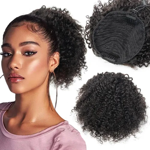 isheeny Cola de caballo de cabello humano con cordón para mujeres negras, extensión de cabello humano rizado 4C, 8 pulgadas, aspecto natural, añade
