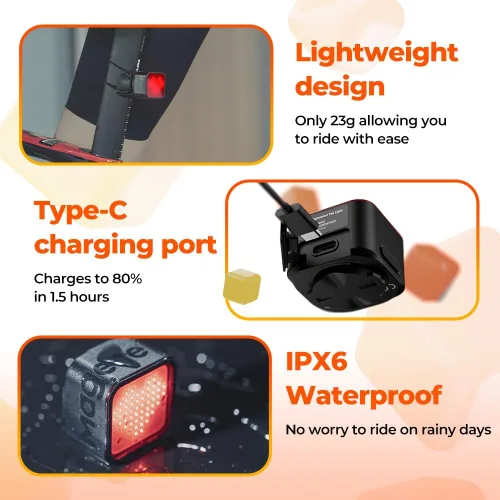 Vista 8 de Magene L308 Luz trasera inteligente para bicicleta, altamente personalizable, luz trasera de bicicleta ligera Bluetooth sin cable de carga, 96 luces