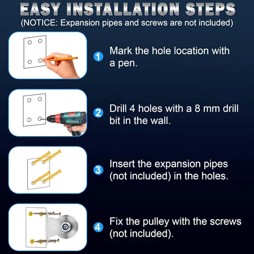 Vista 6 de Rueda de polea con ranura para cuerda montada en la pared, 1 paquete de acero inoxidable, sistema de ruedas de cable súper silencioso, bloques tipo