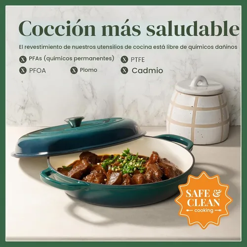 Vista 3 de Larder & Vine Brasera de Hierro Fundido Esmaltado Brasera de 3.6 qt con Tapa Horno Holandés Poco Profundo Compatible con Todas las Cocinas Bondi