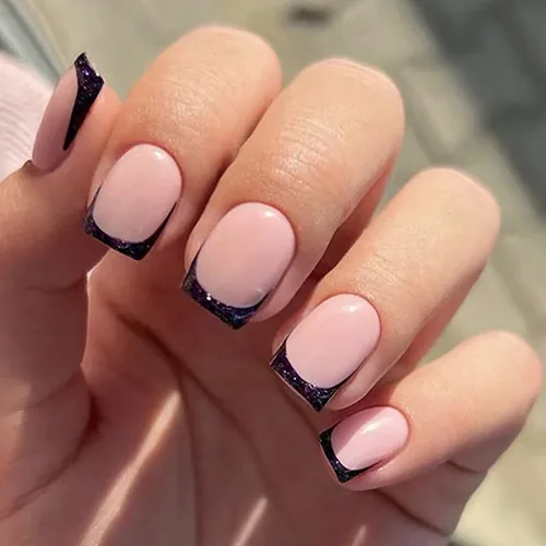 Vista 91 de Uñas postizas cuadradas cortas a presión, uñas postizas azules de cobertura completa con diseños de remolinos, uñas acrílicas brillantes de línea