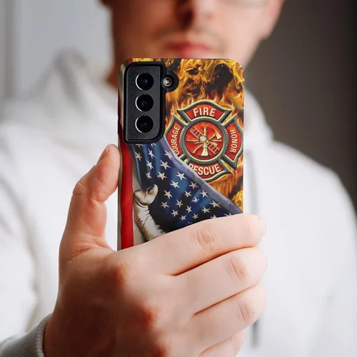 Vista 77 de Funda de teléfono personalizada con bandera estadounidense de madera, diseño de bombero de línea roja, diseño de bombero, regalo personalizado